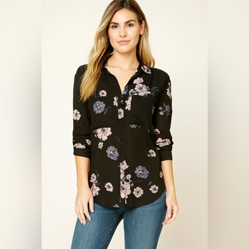 Cloth & Stone Anthropologie Floral Print Button Down Rayon Black Purple …​